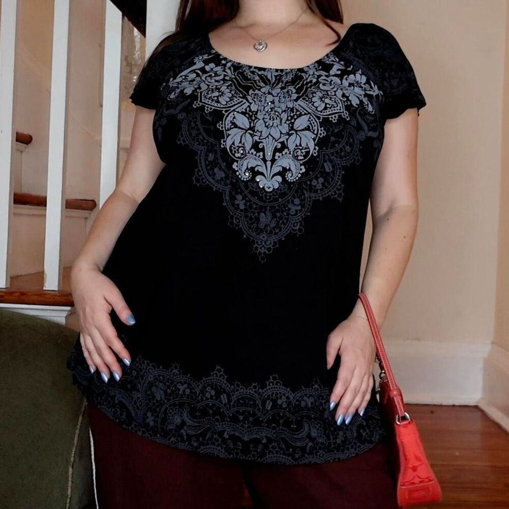 Vintage Vanilla Sugar Black Tattoo Inspired Flowy Top with Rhinestones size M